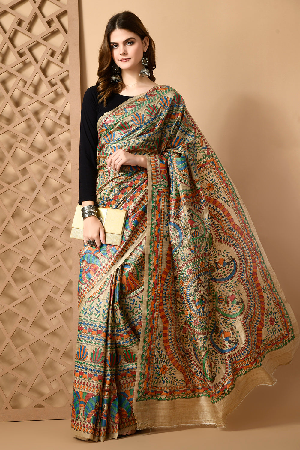 Natural Colour Pure Tussar Silk Full Body Madhubani HandPainted Saree