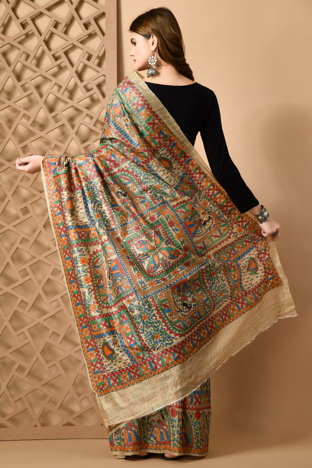 Luxurious Pure Tussar Silk Saree Adorned with Timeless Madhubani Motifs
