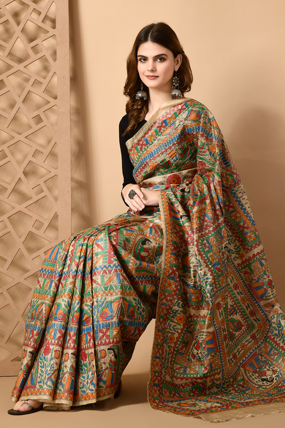 Luxurious Pure Tussar Silk Saree Adorned with Timeless Madhubani Motifs