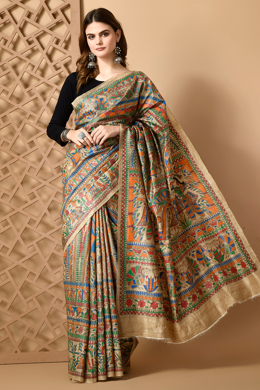 Luxurious Heritage: Tussar Silk Saree with Traditional Doli Motif & Madhubani Artistry