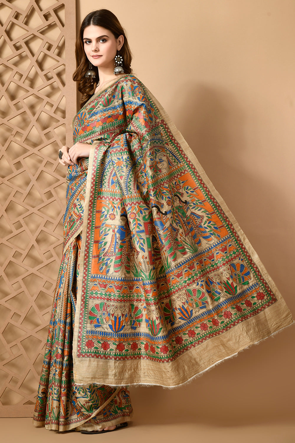 Luxurious Heritage: Tussar Silk Saree with Traditional Doli Motif & Madhubani Artistry