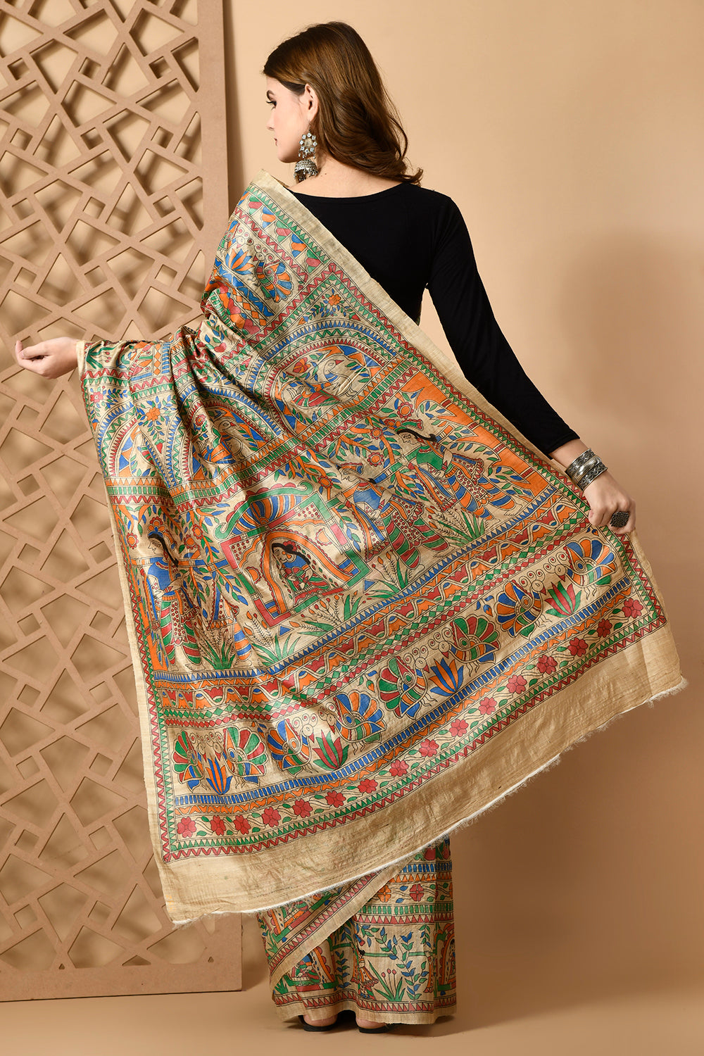 Luxurious Heritage: Tussar Silk Saree with Traditional Doli Motif & Madhubani Artistry