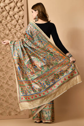 Natural Colour Pure Tussar Silk Madhubani Traditional Doli  Motif Handpainted Saree