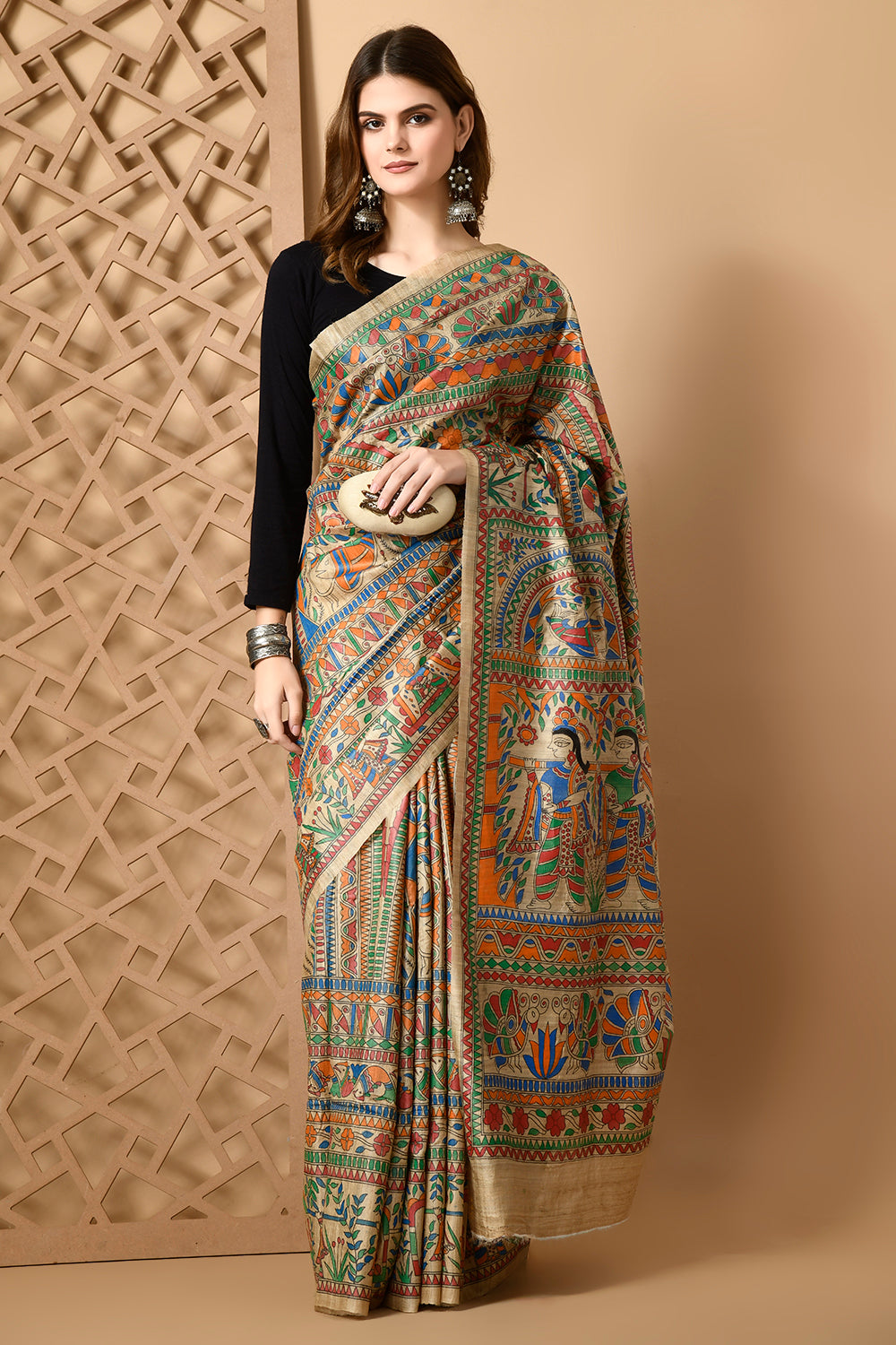 Luxurious Heritage: Tussar Silk Saree with Traditional Doli Motif & Madhubani Artistry