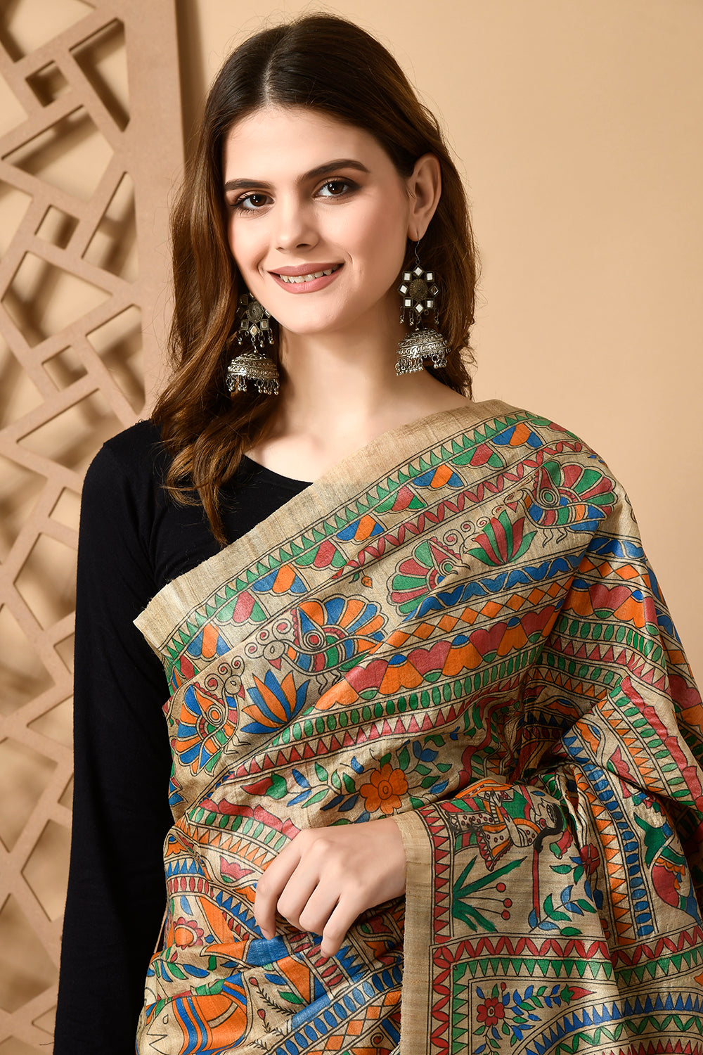 Luxurious Heritage: Tussar Silk Saree with Traditional Doli Motif & Madhubani Artistry