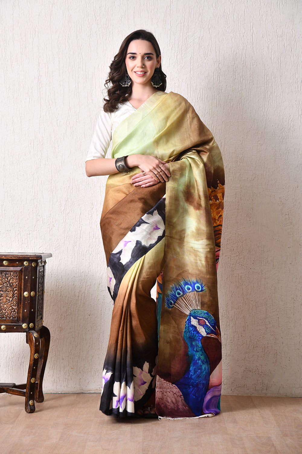 Handcrafted Hand-Painted Tussar Silk Saree – Bhasha Bharat