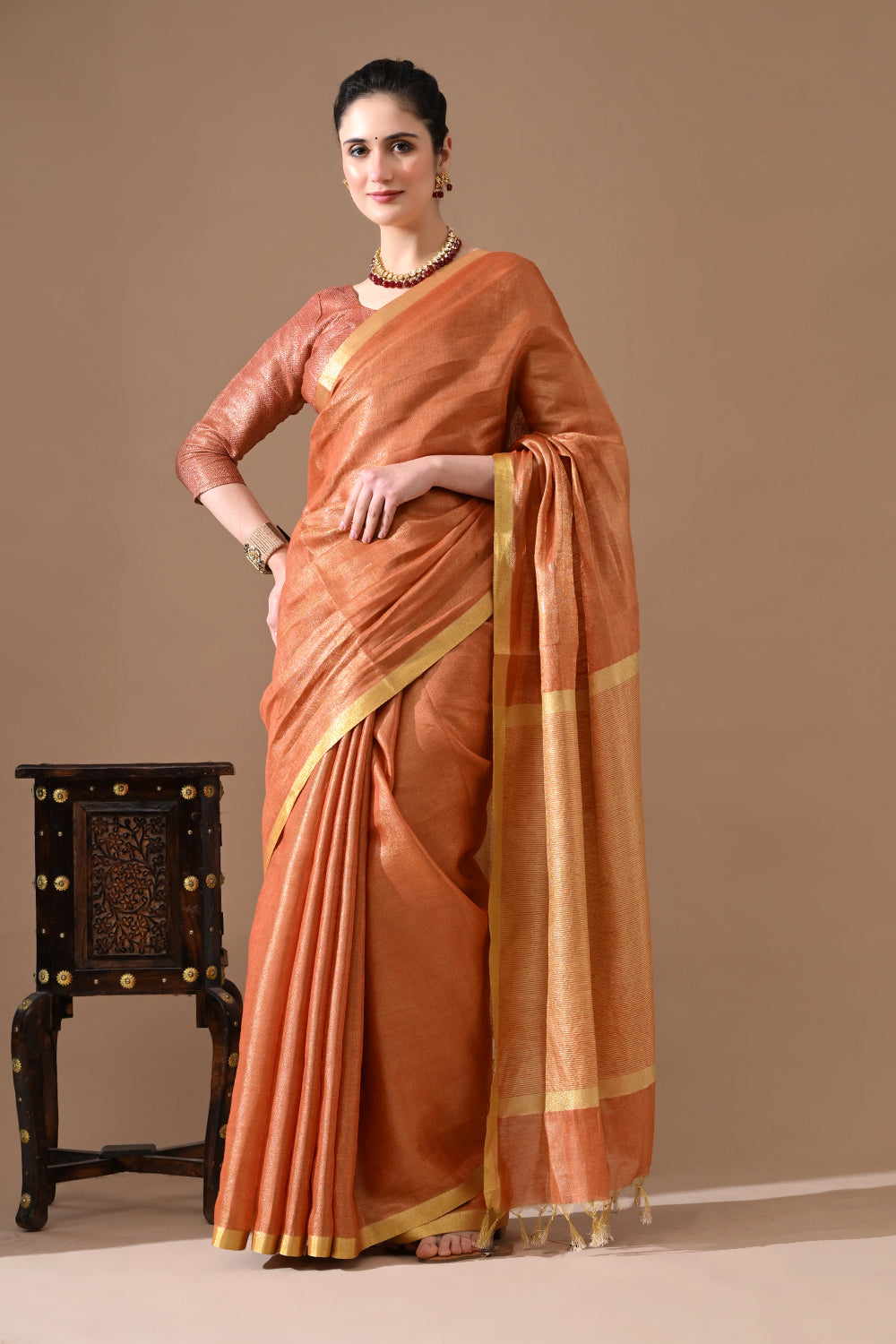 Handwoven Copper Peach Tissue Linen Saree – Bhasha Bharat