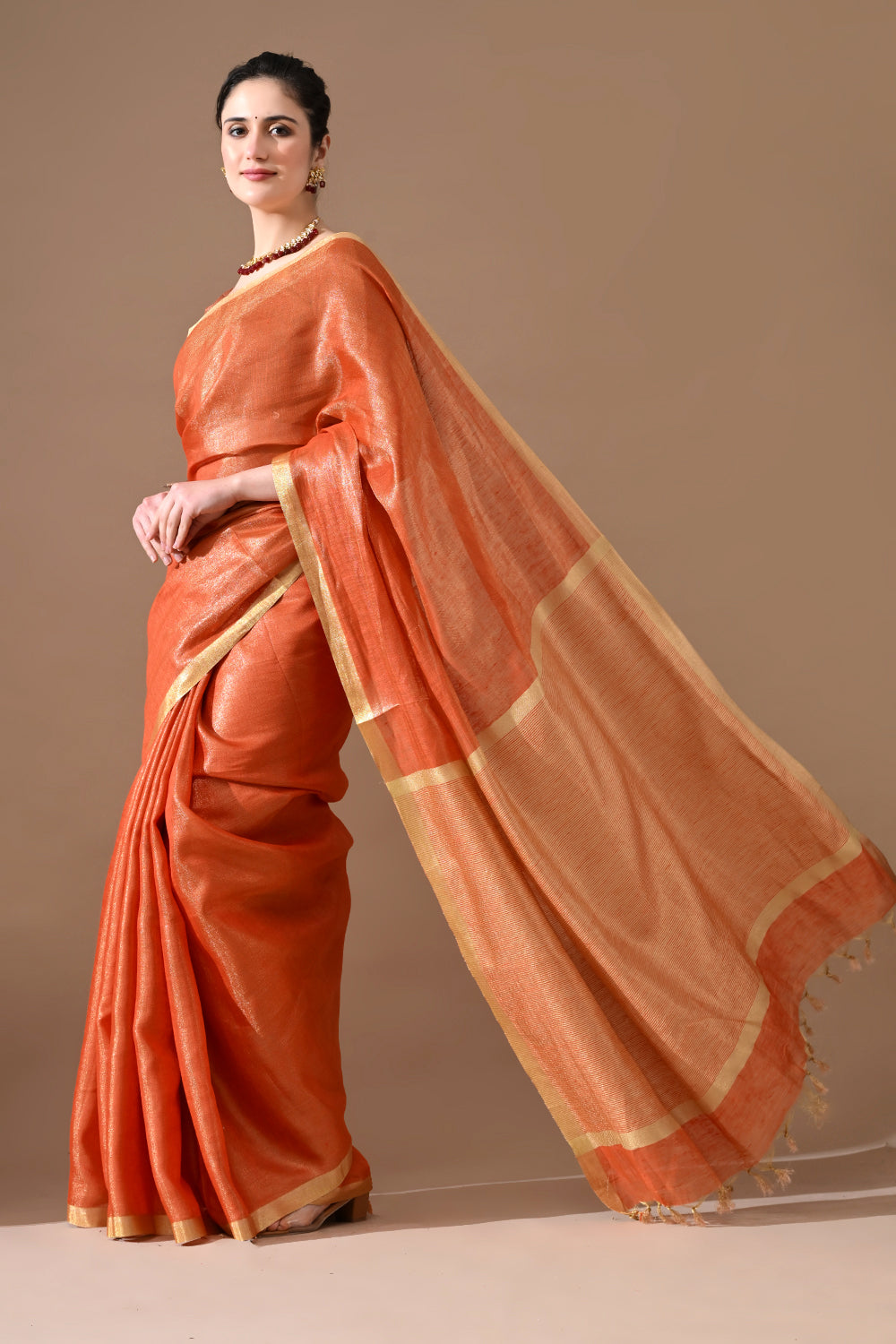Handwoven Burnt Orange Linen Tissue Saree – Bhasha Bharat