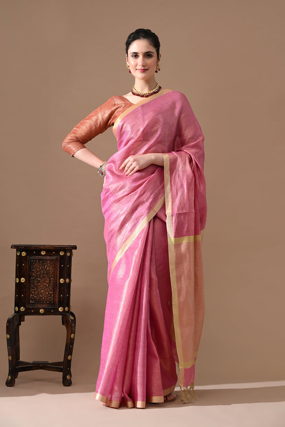 Handwoven Rose Pink Tissue Linen Saree – Bhasha Bharat