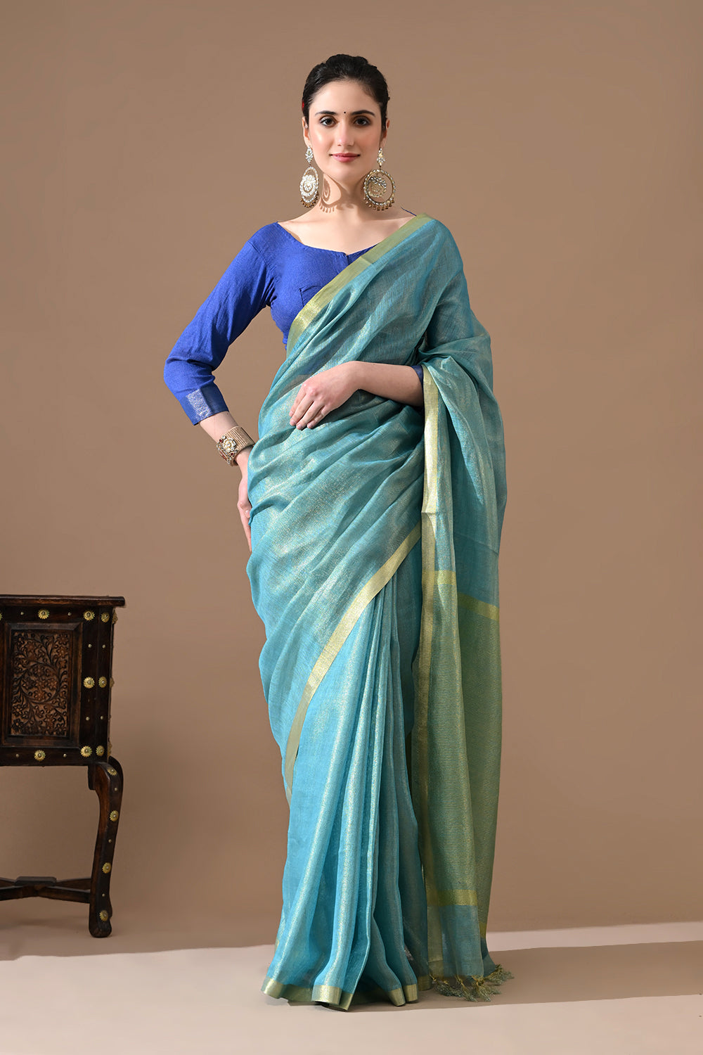 Handwoven Aqua Blue Tissue Linen Saree – Bhasha Bharat