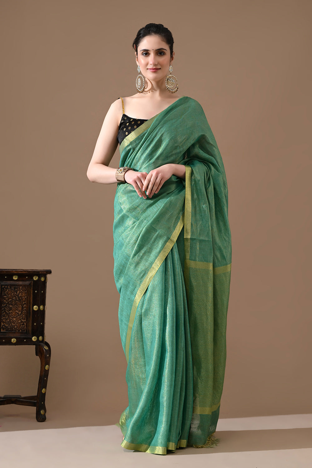 Handwoven Sea Green Tissue Linen Saree – Bhasha Bharat