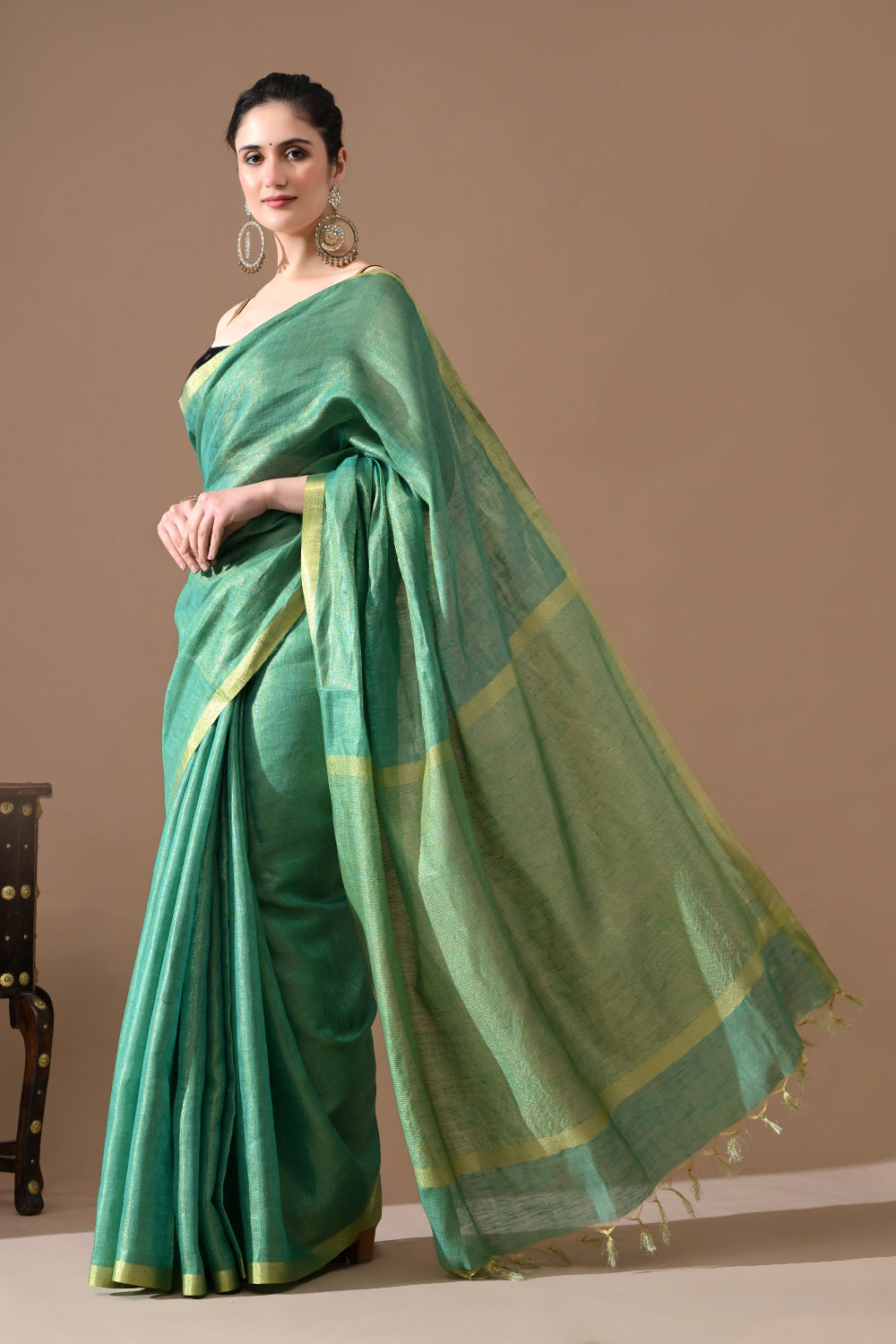 Handwoven Sea Green Tissue Linen Saree – Bhasha Bharat