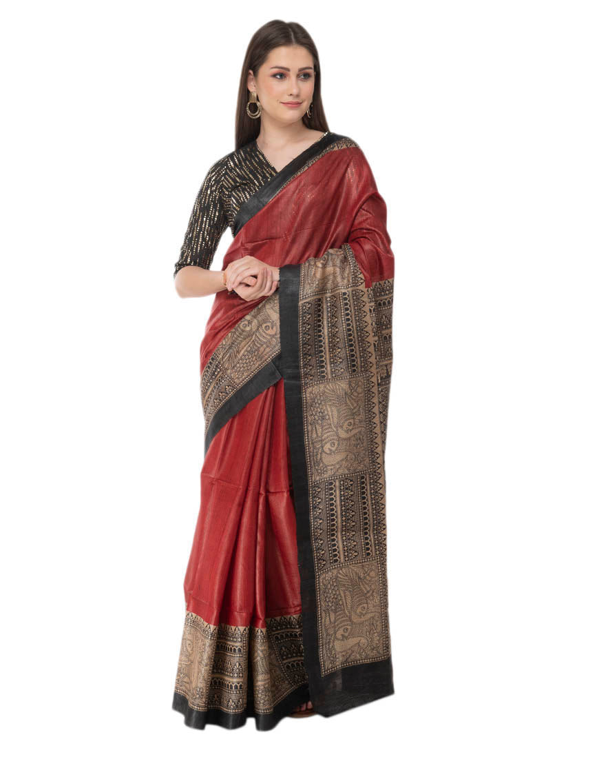 Printed Black and Marron Tussar Giccha Saree