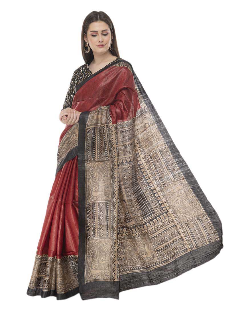 Printed Black and Marron Tussar Giccha Saree