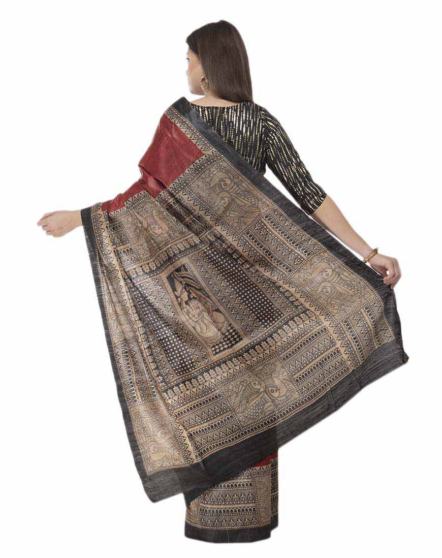 Printed Black and Marron Tussar Giccha Saree