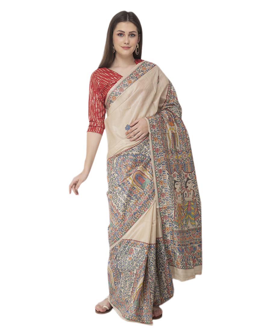 Handloom Bhagalpuri Desi Tussar Silk Madhubani HandPainted Saree