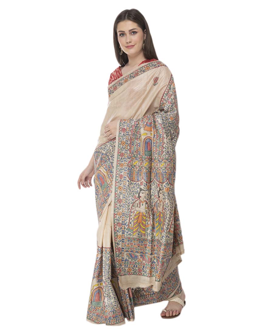 Handloom Bhagalpuri Desi Tussar Silk Madhubani HandPainted Saree