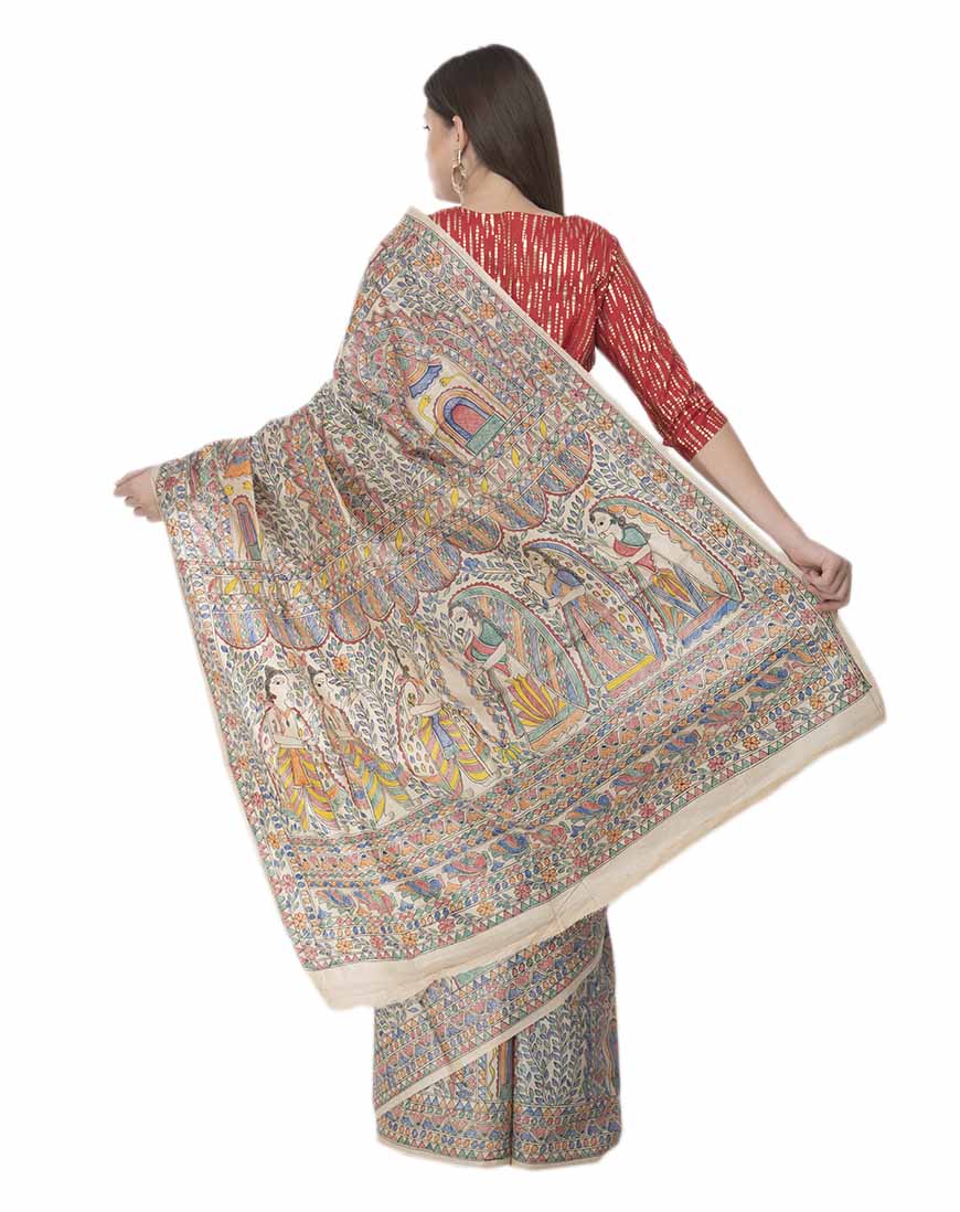 Handloom Bhagalpuri Desi Tussar Silk Madhubani HandPainted Saree