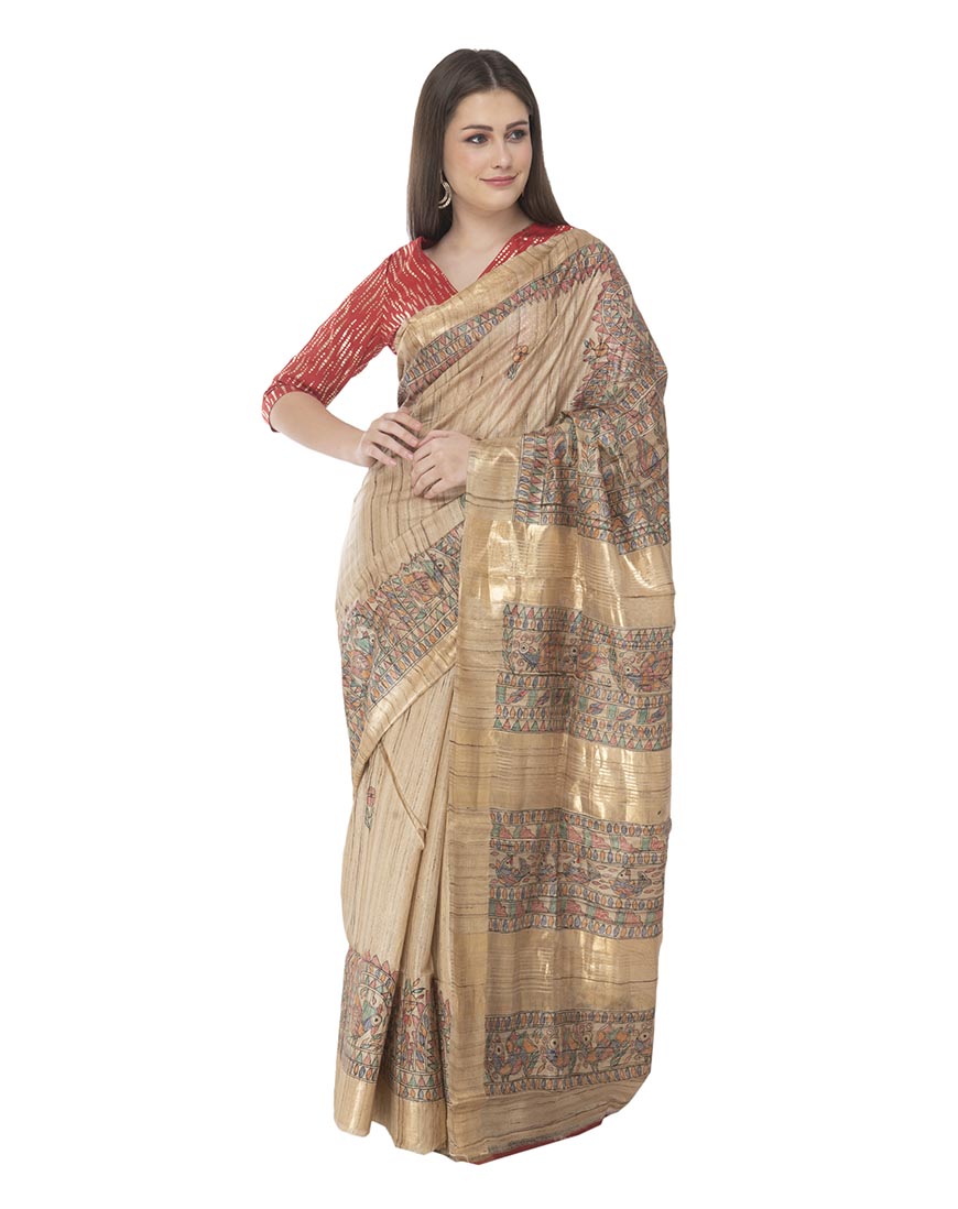 Artistic Strokes: Traditional Bhagalpuri Tussar Silk Saree with Madhubani Fish Motif