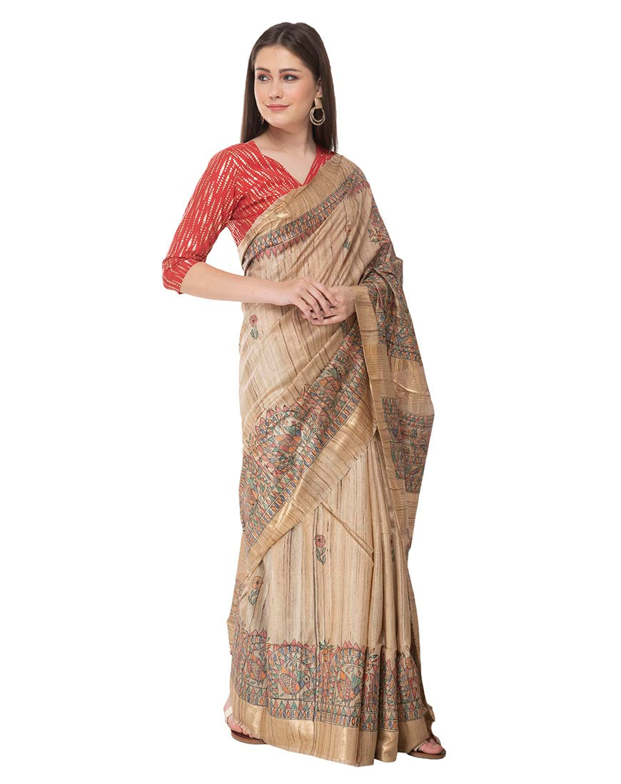Artistic Strokes: Traditional Bhagalpuri Tussar Silk Saree with Madhubani Fish Motif
