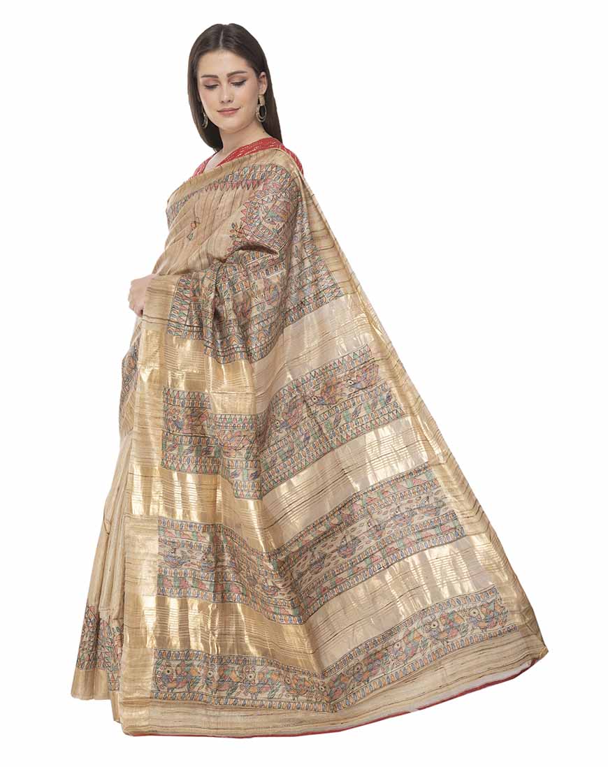 Artistic Strokes: Traditional Bhagalpuri Tussar Silk Saree with Madhubani Fish Motif