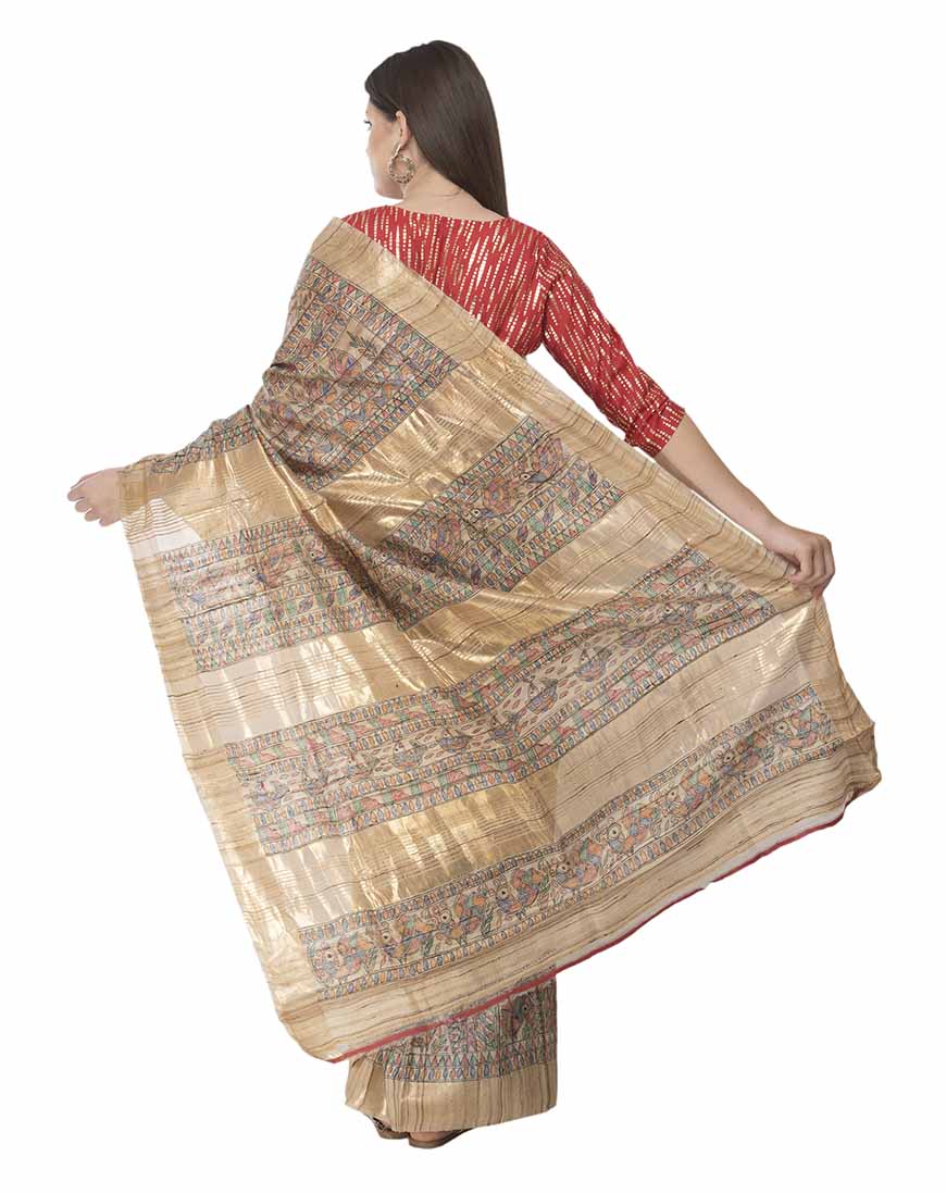 Artistic Strokes: Traditional Bhagalpuri Tussar Silk Saree with Madhubani Fish Motif