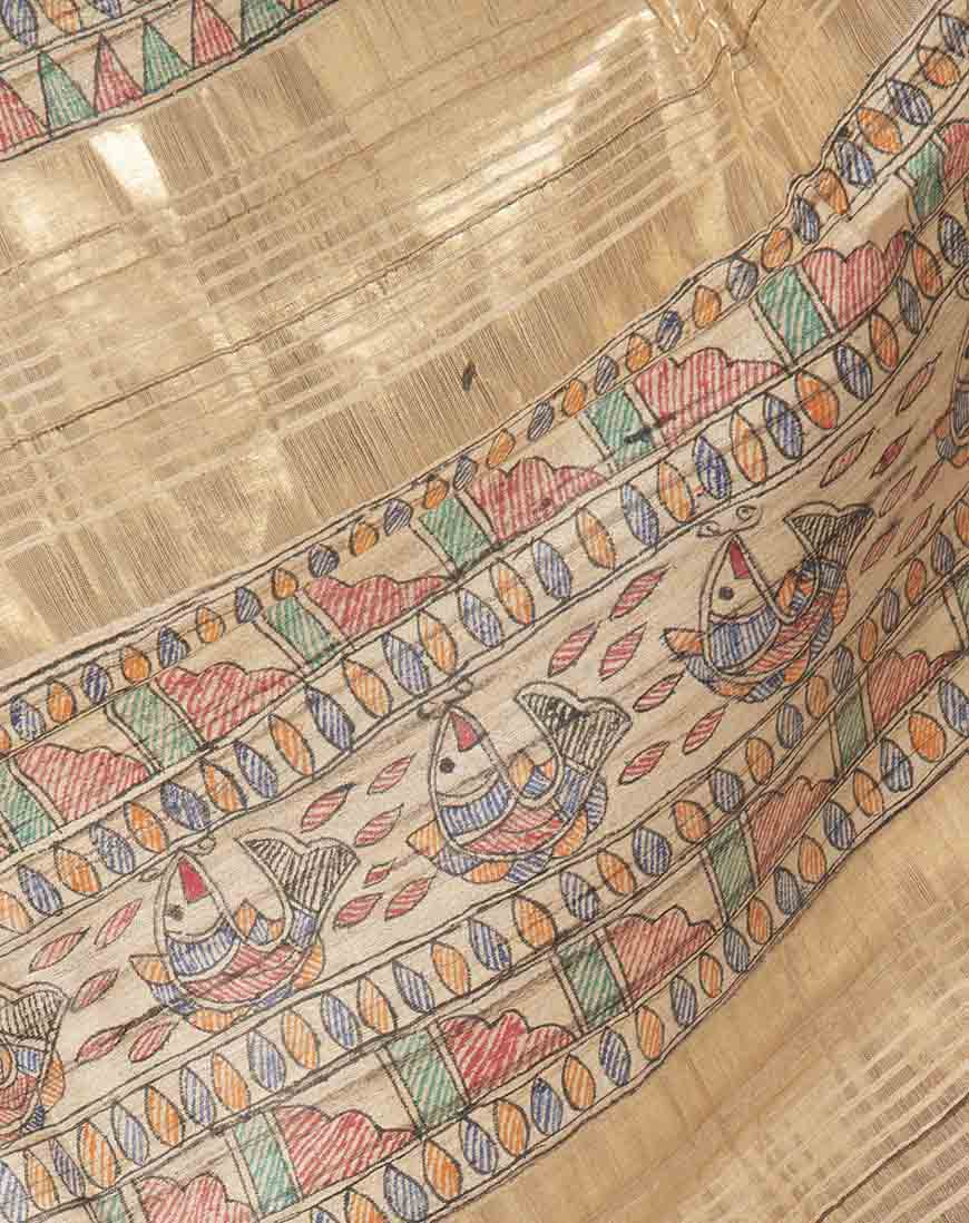 Artistic Strokes: Traditional Bhagalpuri Tussar Silk Saree with Madhubani Fish Motif