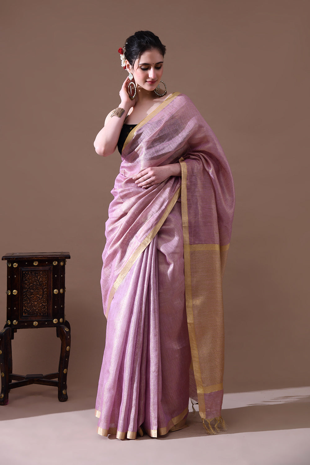 Handwoven Lavender Tissue Linen Saree – Bhasha Bharat
