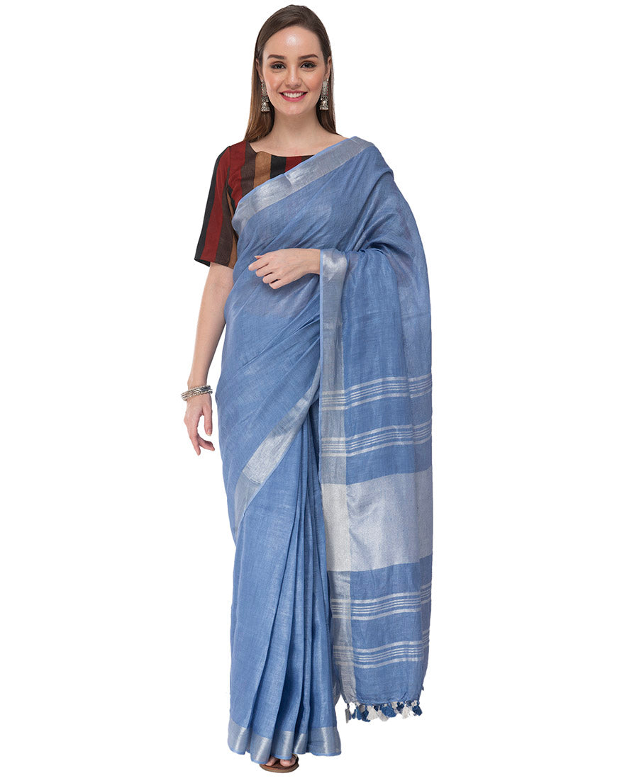 Light Blue Linen Saree with Silver Border