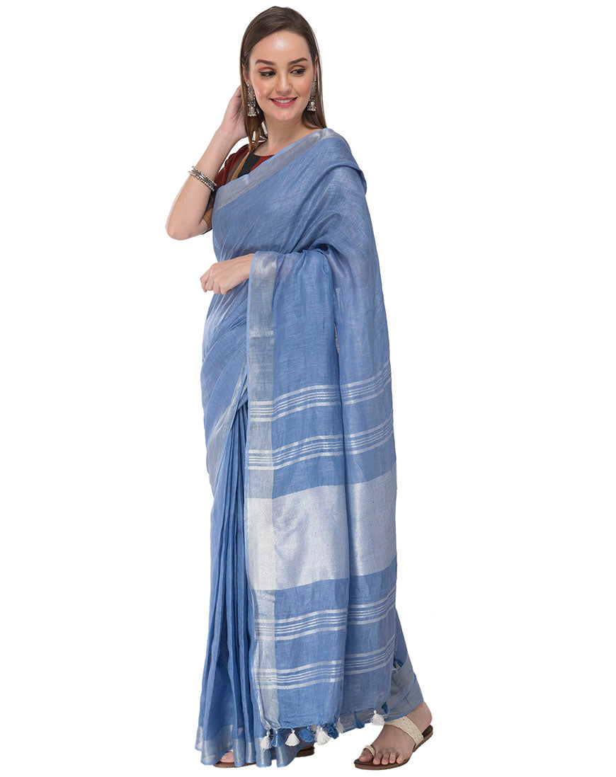 Light Blue Linen Saree with Silver Border