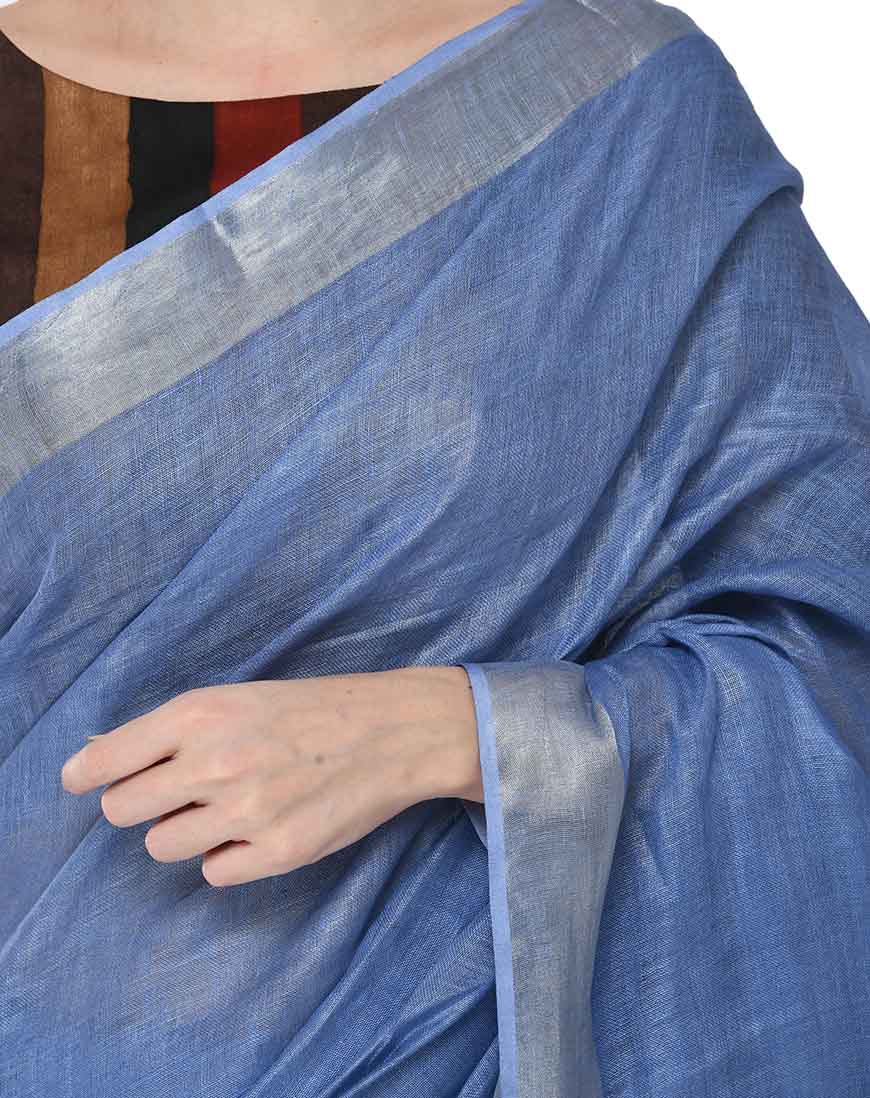 Light Blue Linen Saree with Silver Border