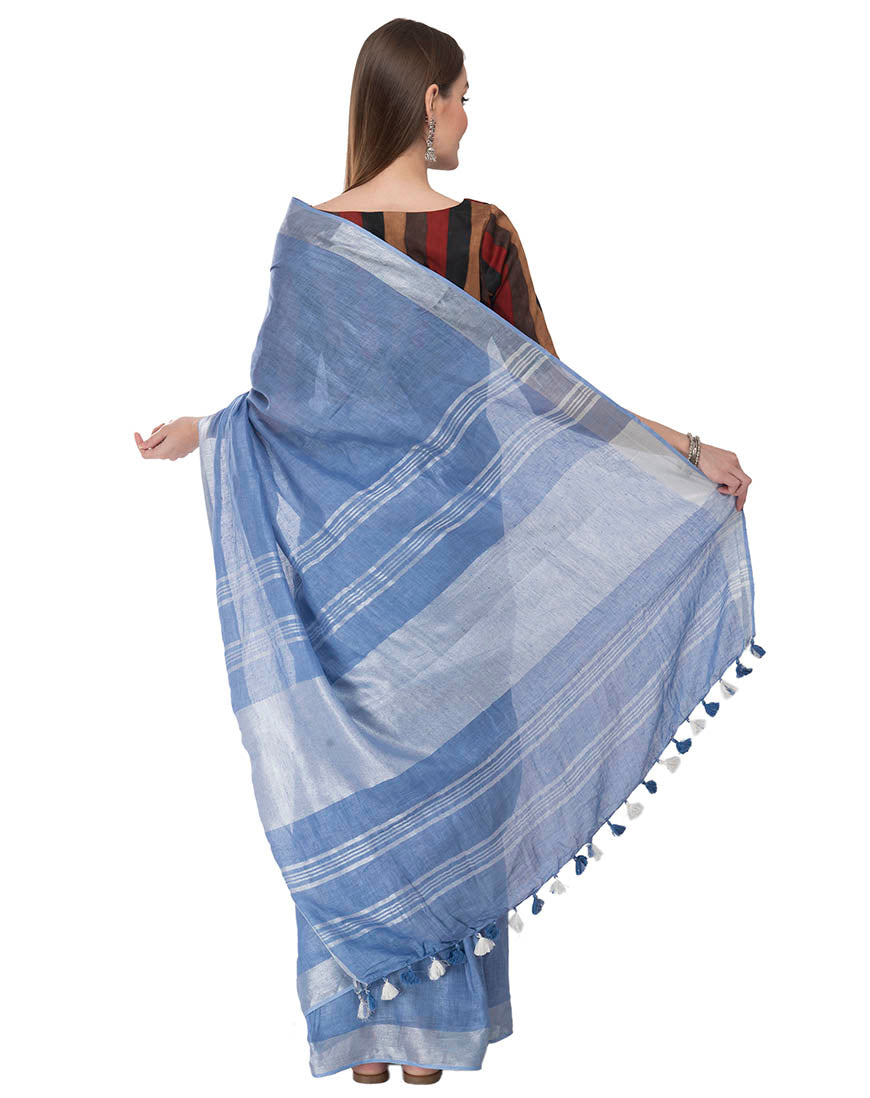 Light Blue Linen Saree with Silver Border