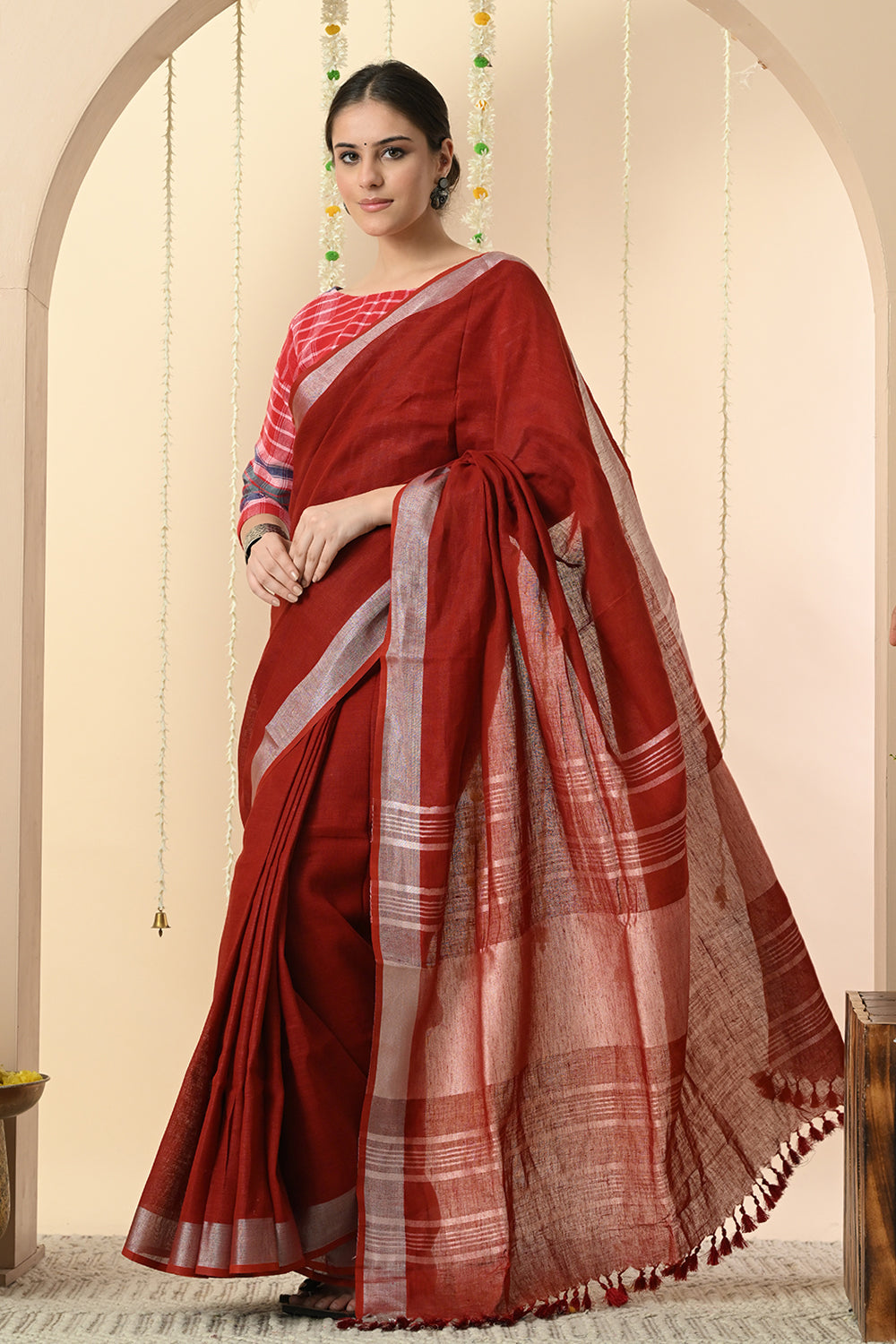 Radiant Red: Organic Linen Dyed Linen Saree with Manjishtha
