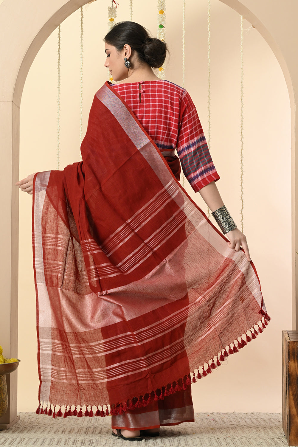 Radiant Red: Organic Linen Dyed Linen Saree with Manjishtha