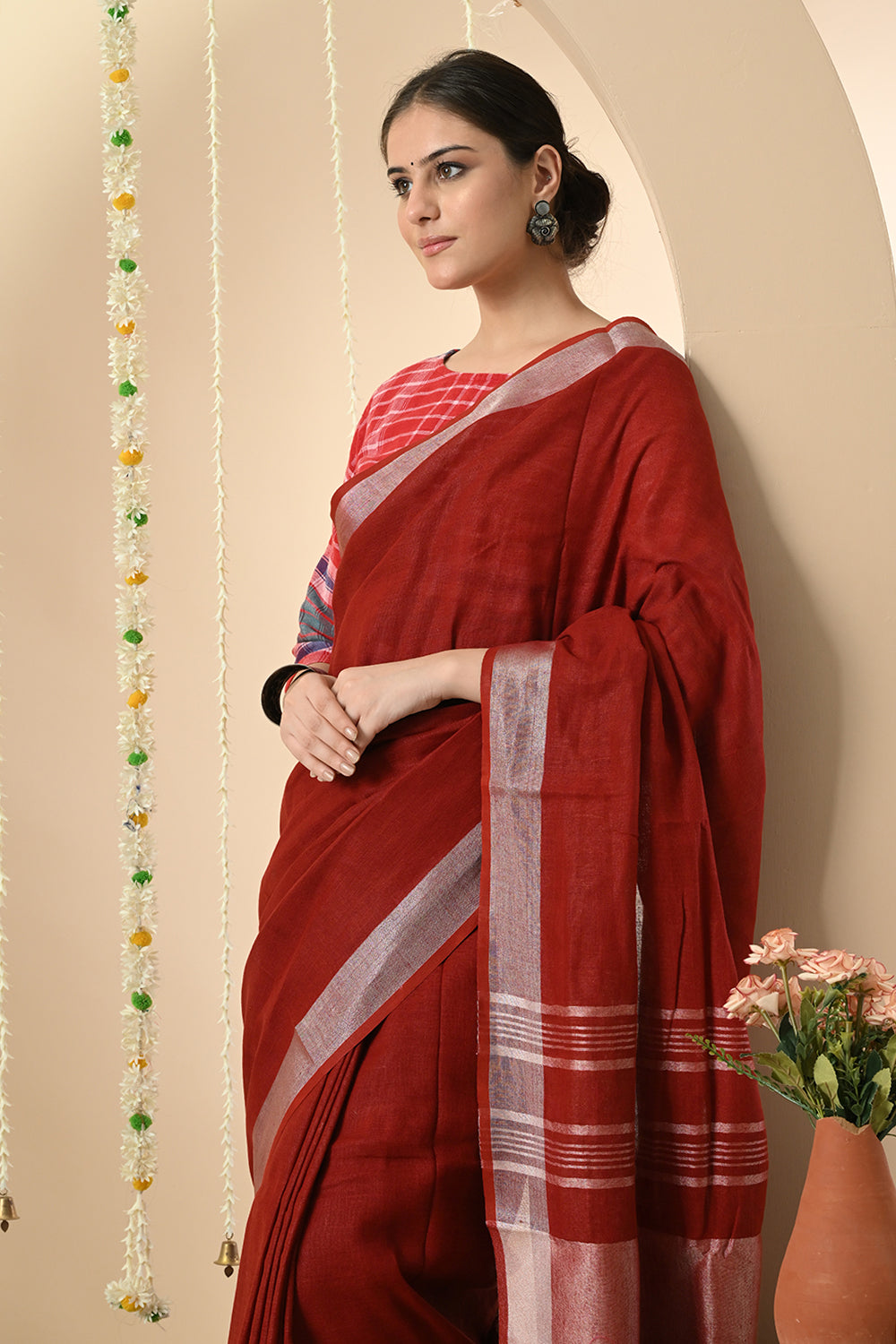 Radiant Red: Organic Linen Dyed Linen Saree with Manjishtha