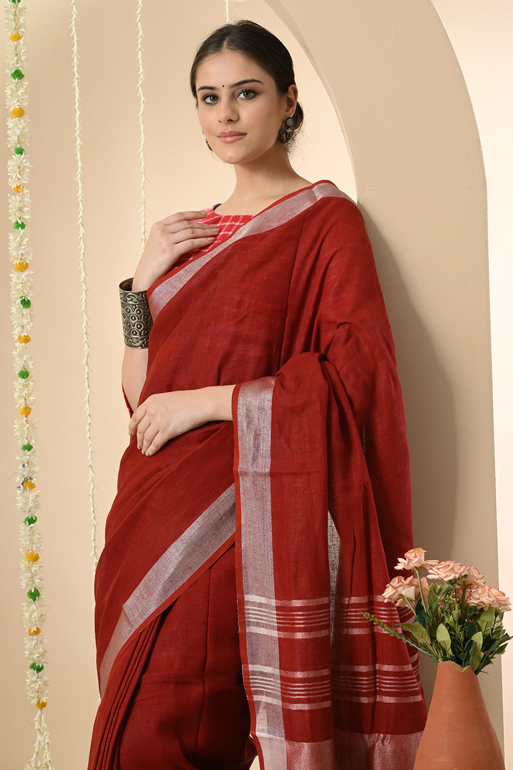 Radiant Red: Organic Linen Dyed Linen Saree with Manjishtha