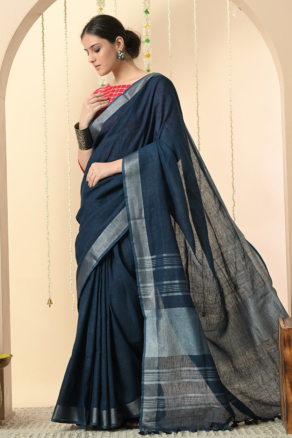 Regal Blue: Organic Indigo Dyed Deep Blue Linen Saree