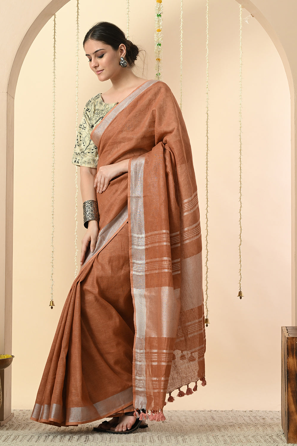 Earthen & Auburn Linen Saree Dyed with Catechu - Vegan & Organic Fashion Choice