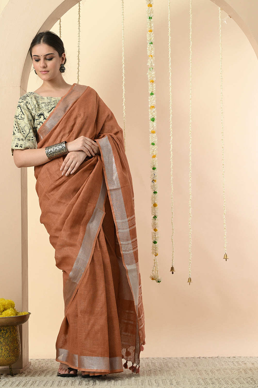 Earthen & Auburn Linen Saree Dyed with Catechu - Vegan & Organic Fashion Choice