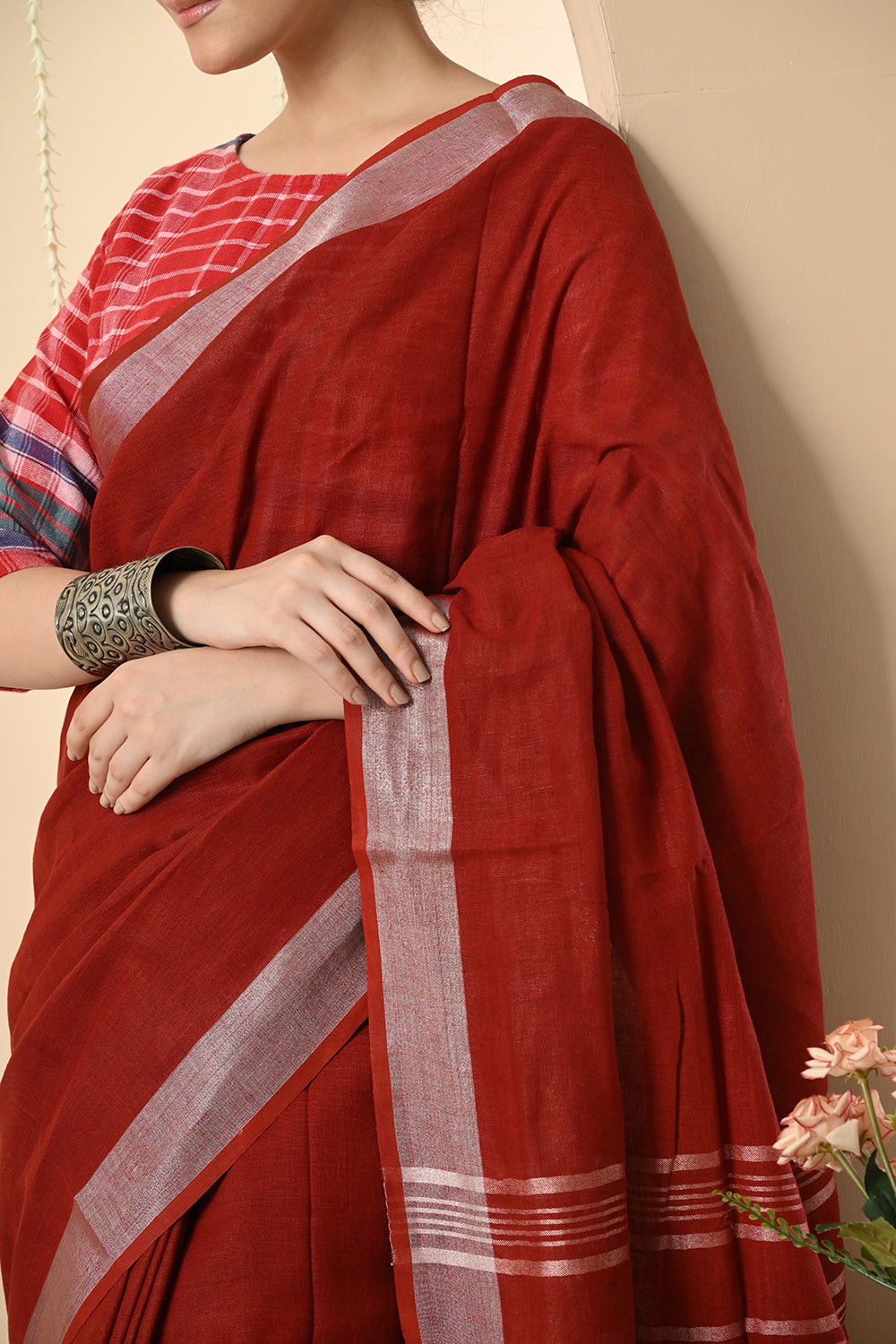 Radiant Red: Organic Linen Dyed Linen Saree with Manjishtha
