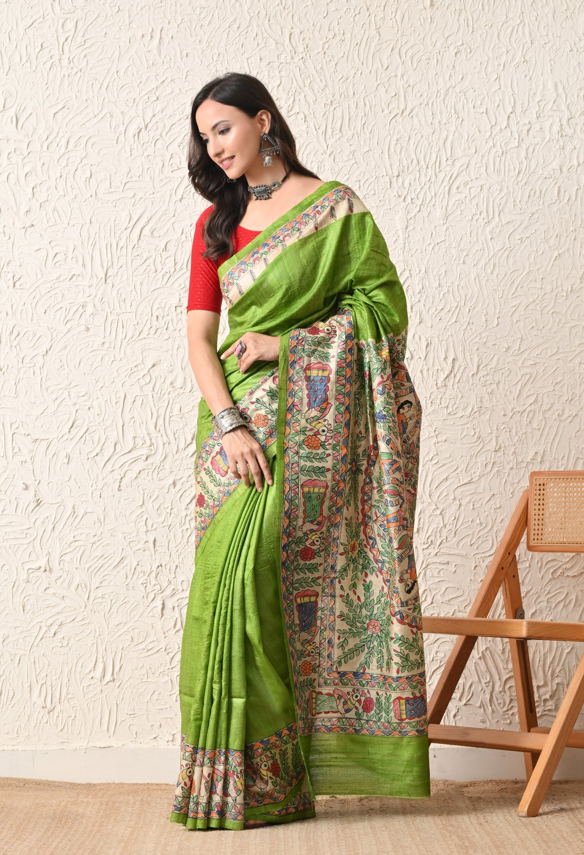Pure Tussar Silk Madhubani Hand-Painted Saree – Lotus Mandala Heritage Edition