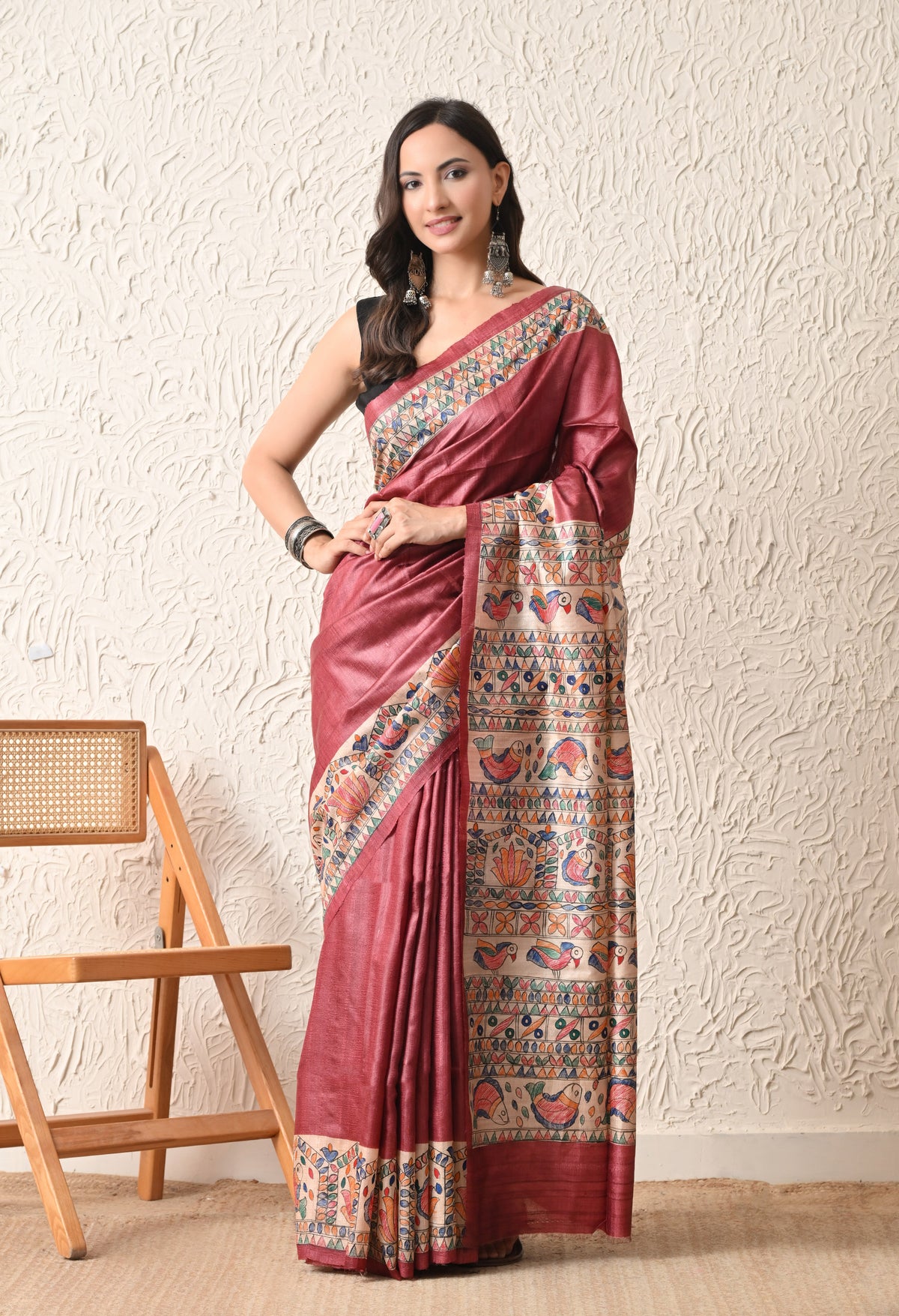 Pure Tussar Silk Madhubani Hand-Painted Saree