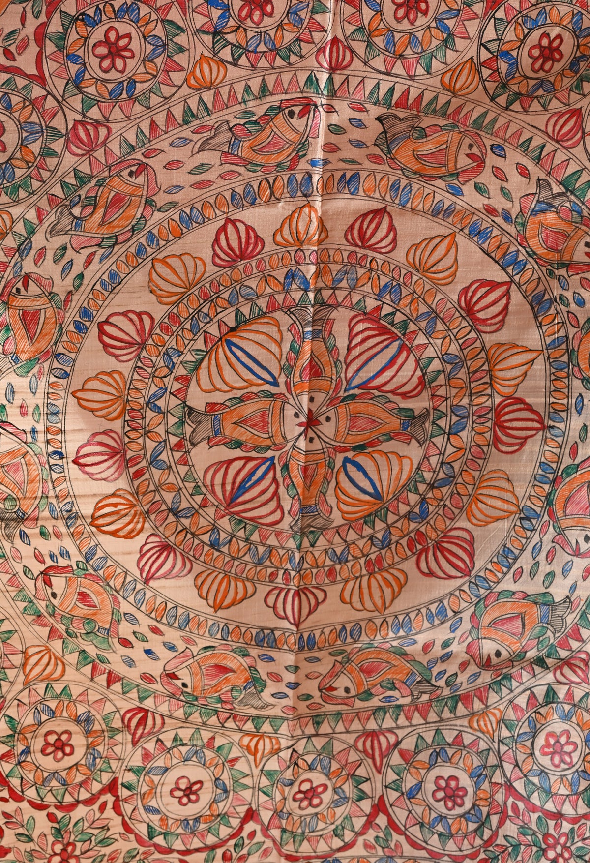 Pure Tussar Silk Madhubani Hand-Painted Saree – Lotus & Fish Mandala Heritage Edition
