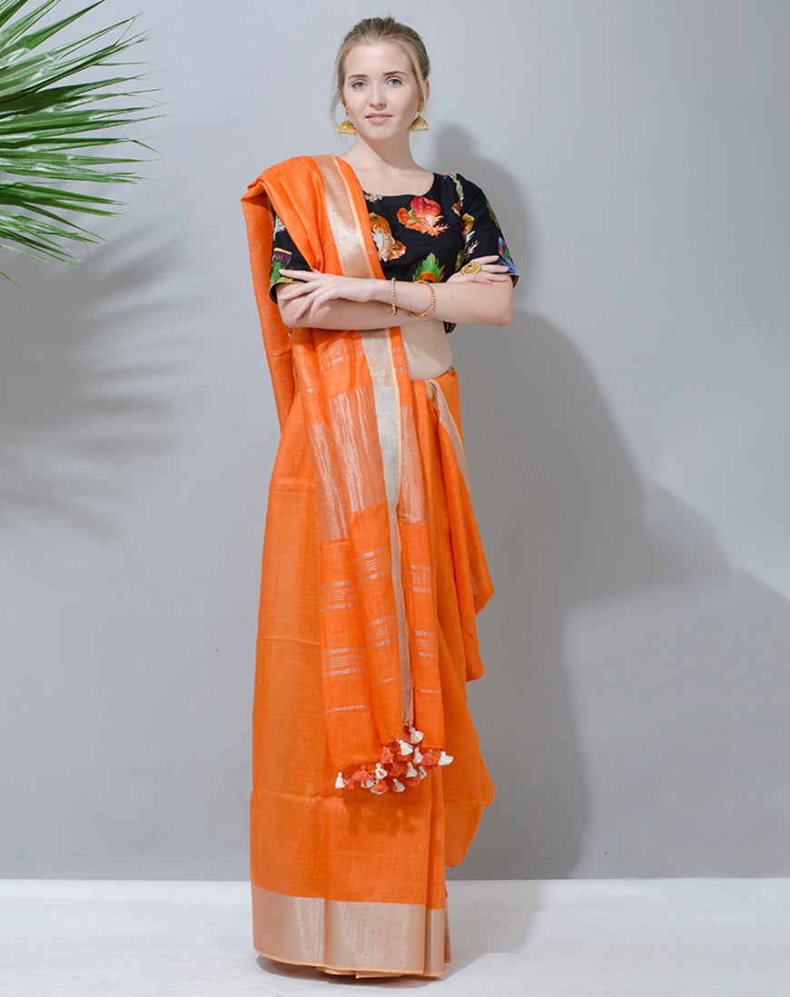 Elegant Orange Linen Saree with Contrast Floral Blouse - Perfect for Any Occasion