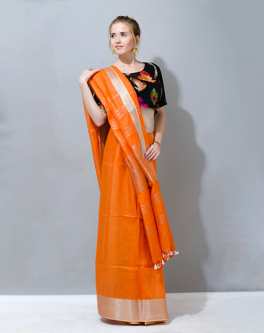 Elegant Orange Linen Saree with Contrast Floral Blouse - Perfect for Any Occasion