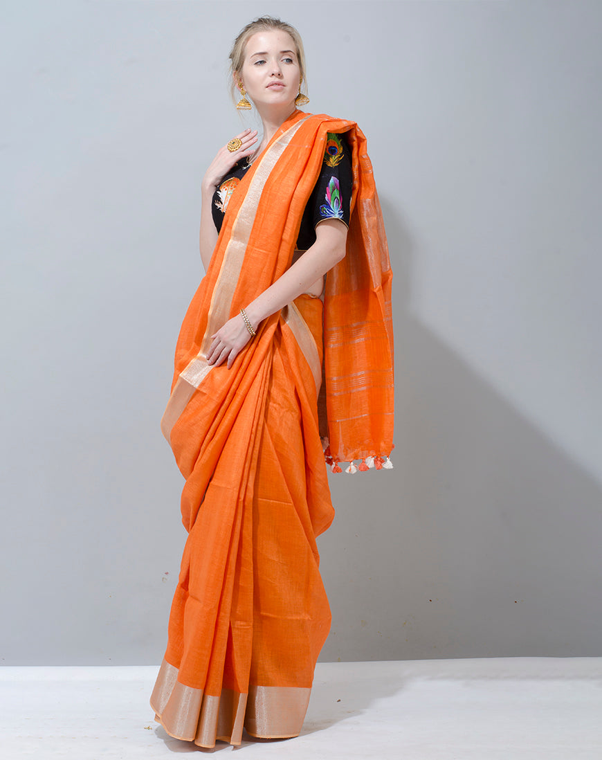 Elegant Orange Linen Saree with Contrast Floral Blouse - Perfect for Any Occasion