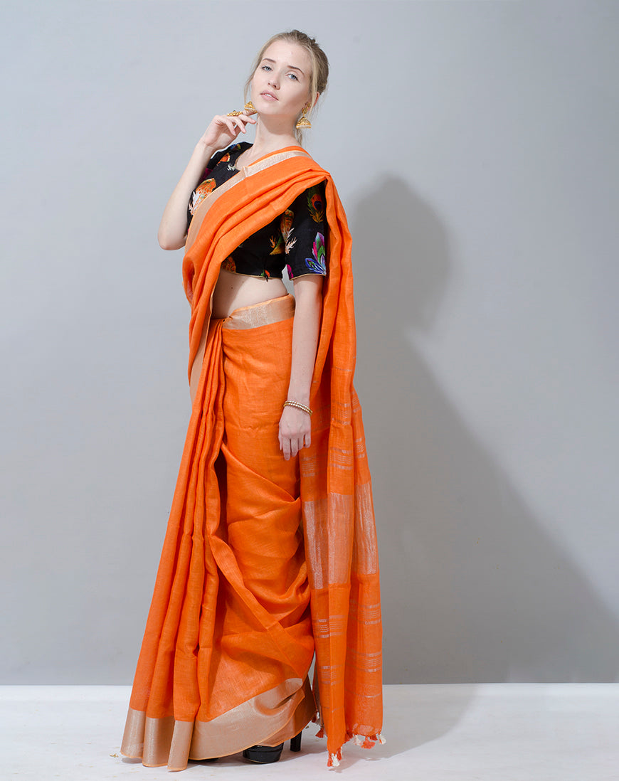 Elegant Orange Linen Saree with Contrast Floral Blouse - Perfect for Any Occasion