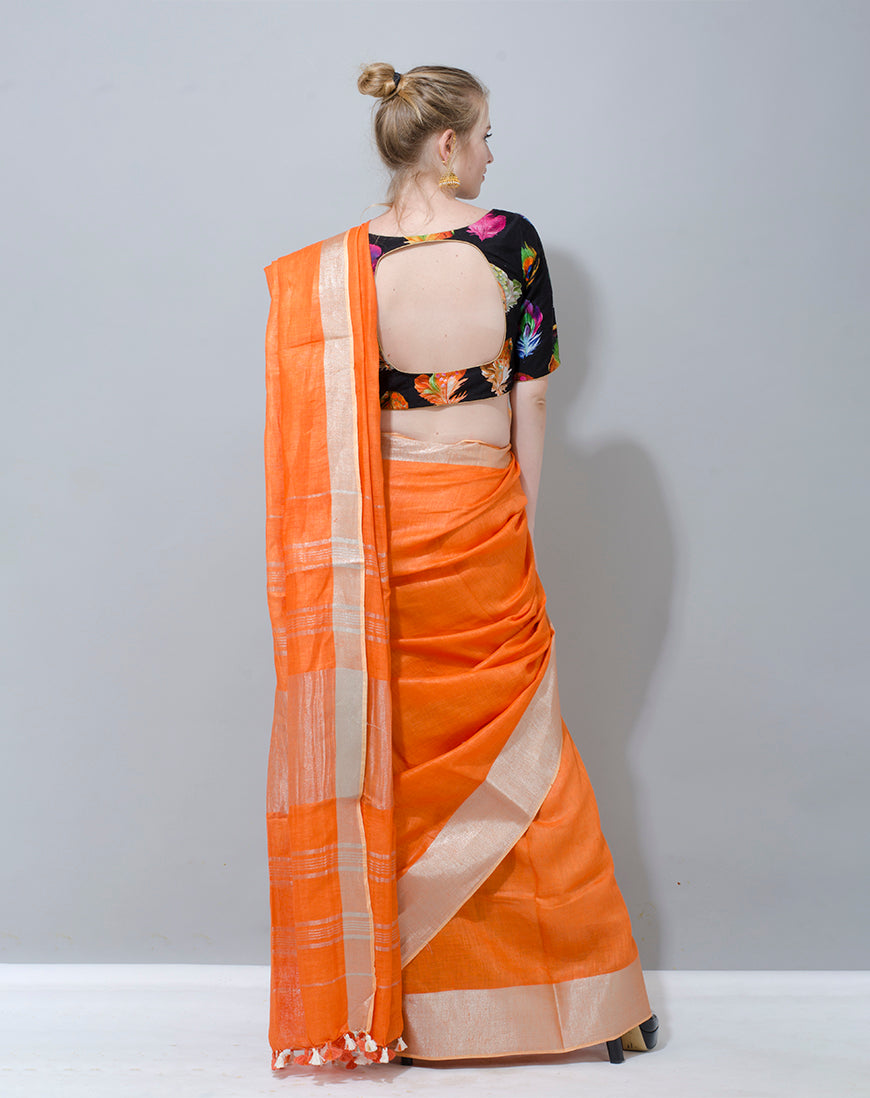 Elegant Orange Linen Saree with Contrast Floral Blouse - Perfect for Any Occasion