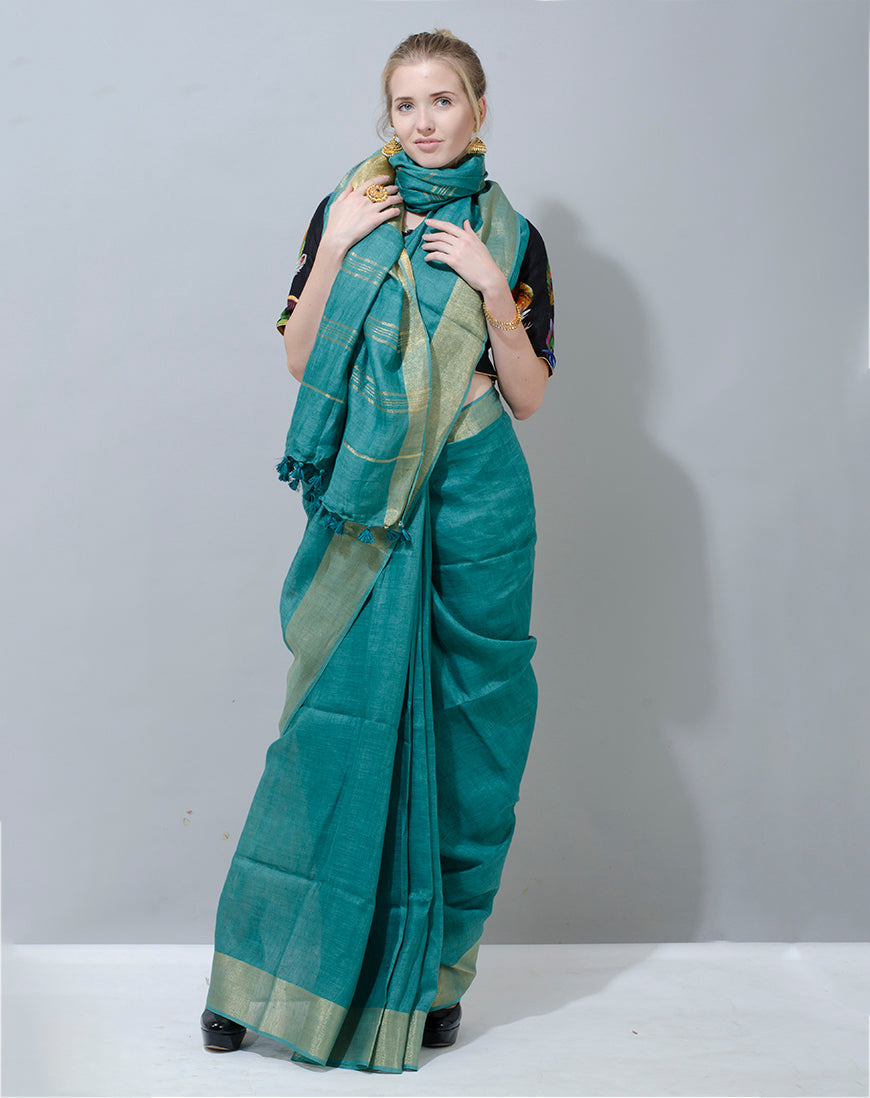 Bottle Green Handwoven Linen Designer Saree with Plain Border