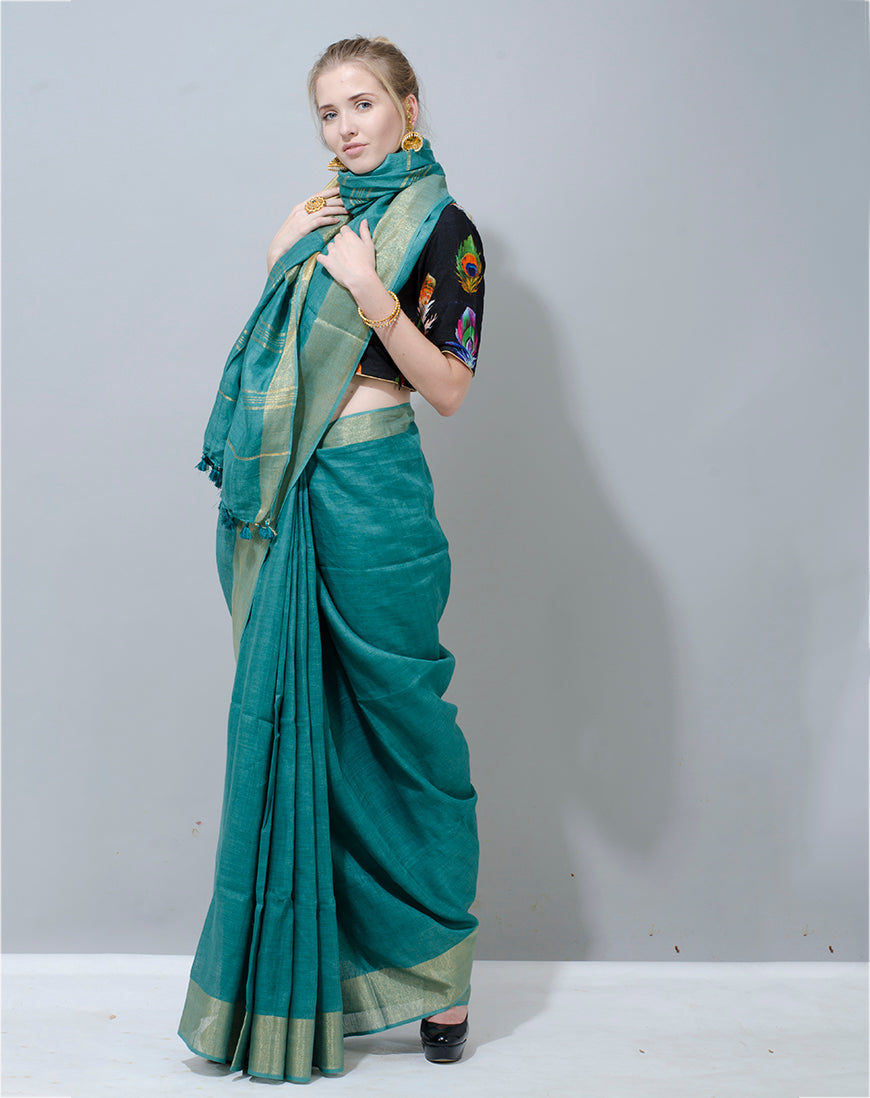 Bottle Green Handwoven Linen Designer Saree with Plain Border